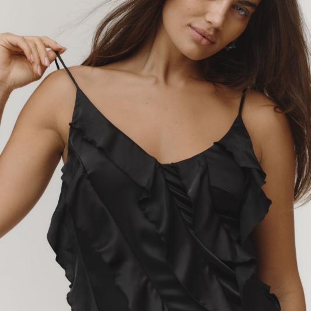 Anthropologie Black Ruffled Tiered Slip Dress